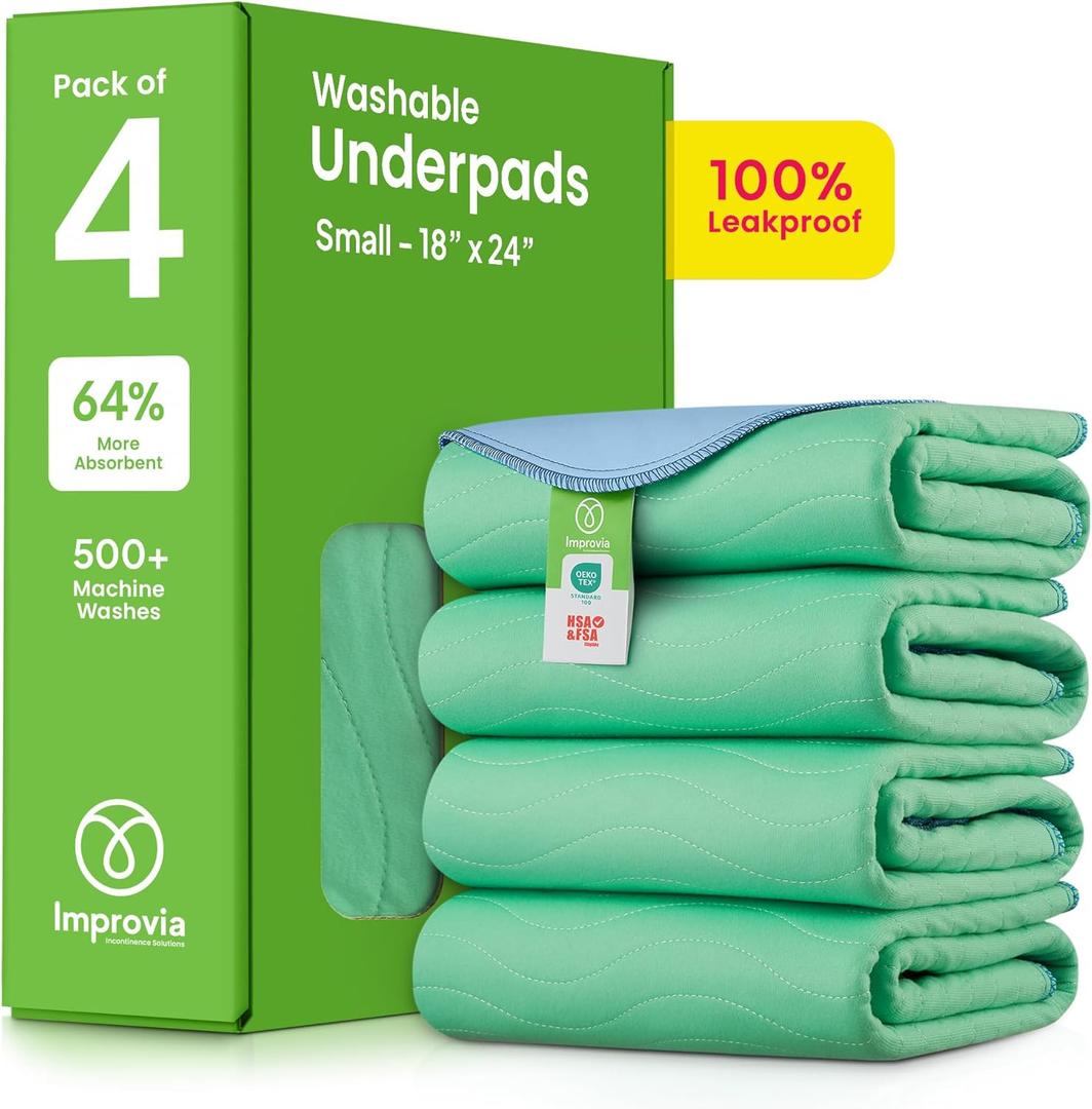 IMPROVIA Washable Underpads, 18" x 24" (Pack of 4) - Heavy Absorbency Reusable Incontinence Pads for Kids, Adults, Elderly, and Pets - Waterproof Protective Pad for Bed, Couch, Sofa, Furniture, Floor