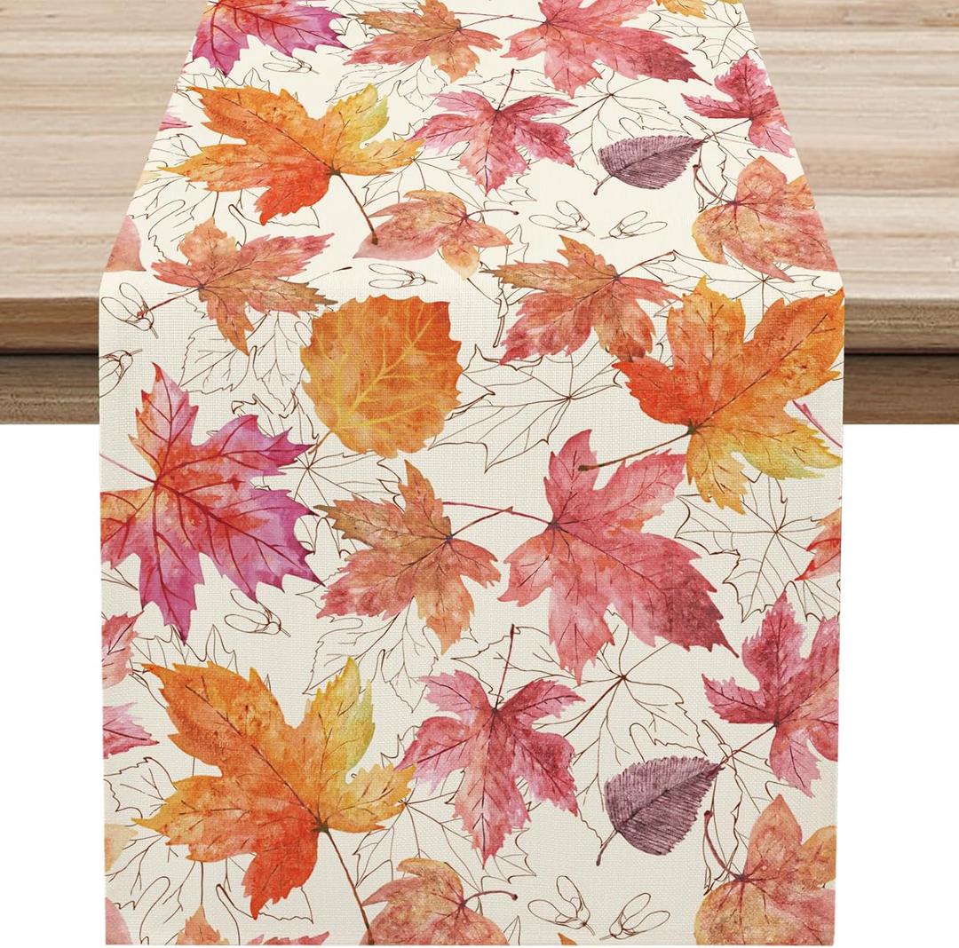Softalker Fall Table Runner 13 x 120 Inch, Printed Thanksgiving Maple Leaf Linen Runners, Seasonal Autumn Holiday Table Decorations for Kitchen, Dining, Party Decor