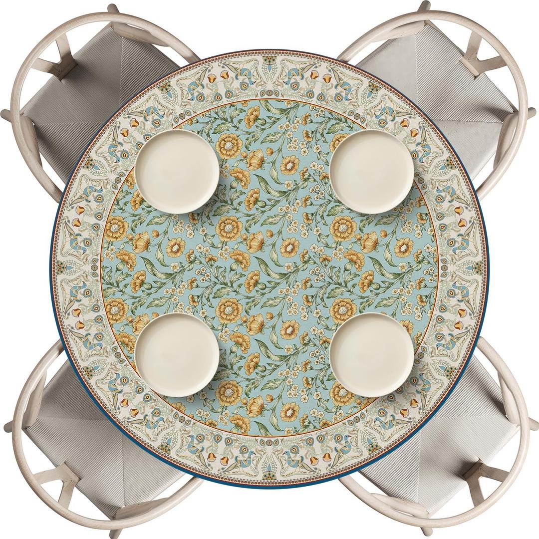 Horaldaily Regular Fitted Tablecloth 45"-56" Round, Boho Bohemia Vintage Golden Floral Patterned Washable Table Cover Elastic Edged for Dinning, Picnic, Camping, Banquet