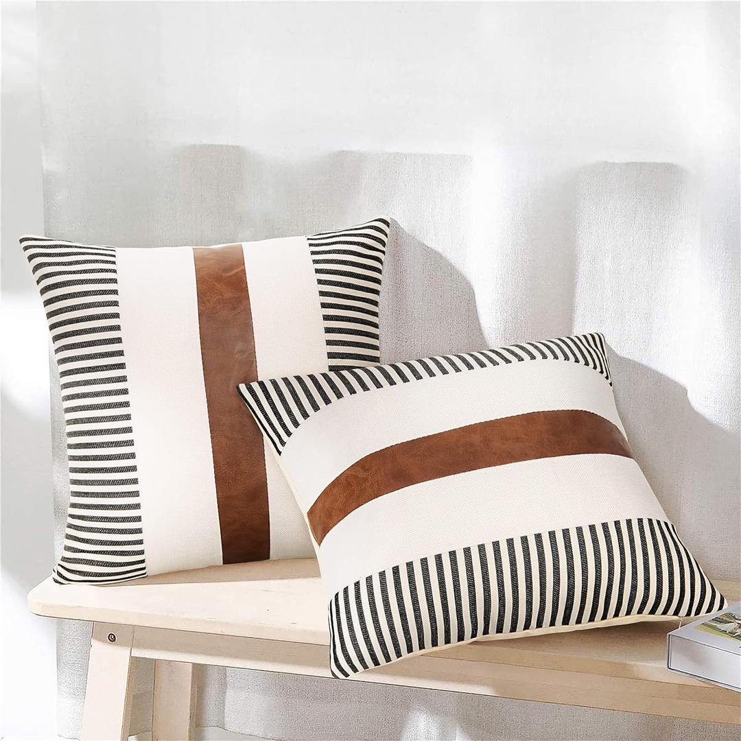 JASEN Farmhouse Throw Pillow Covers 20x20 inch, Set of 2 Faux Leather Throw Pillows Modern Decorative Pillow Covers for Sofa Bedroom Living Room (Black)