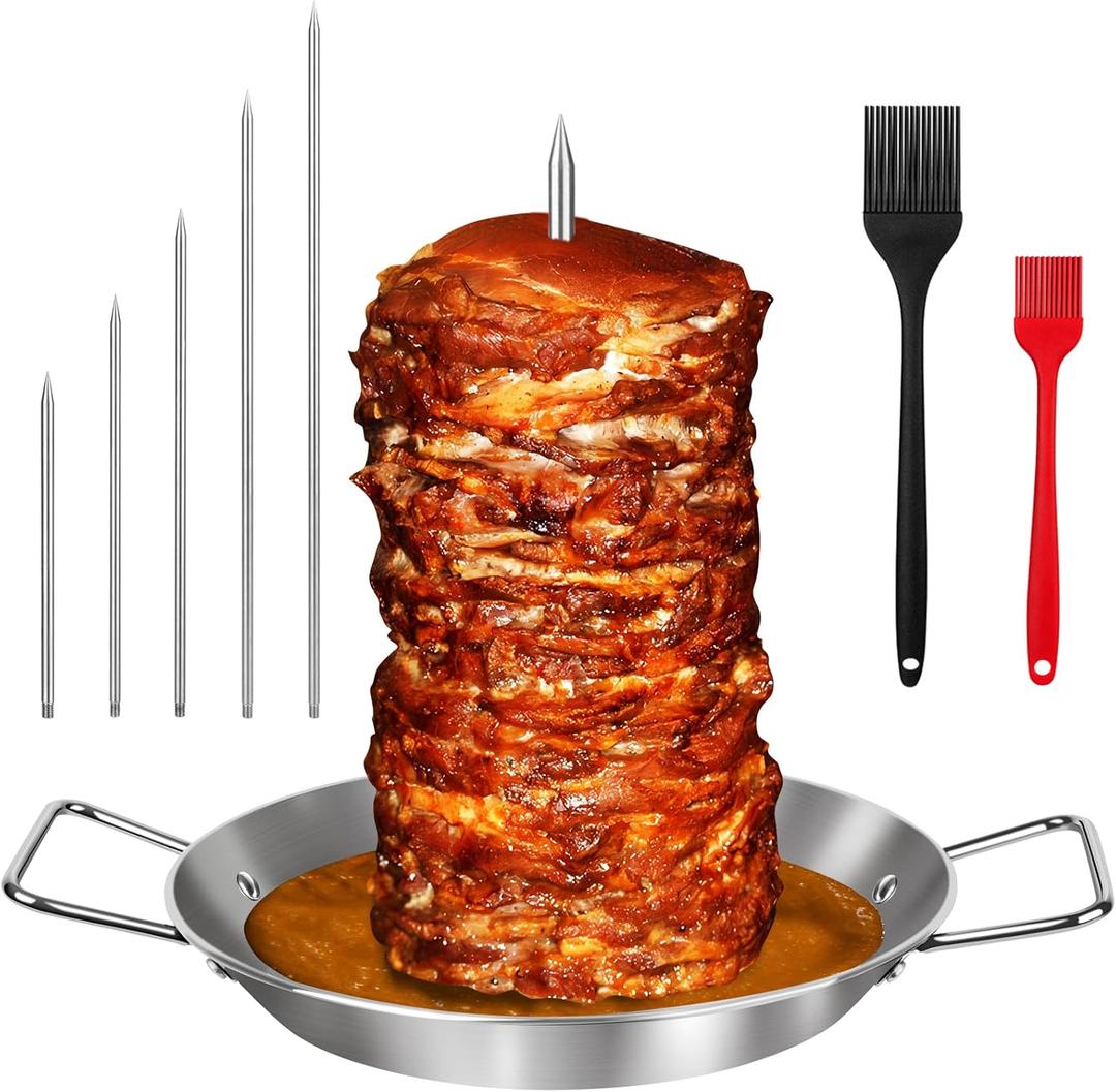 Al Pastor Skewer for Grill, Extra Large 13 Inch Gyro Pan with Fat Separator, Brazilian Spit Stand with 5 Spikes & 1 Brush, Stainless Steel Vertical Sticks for Shawarma, Chicken on Smoker Oven