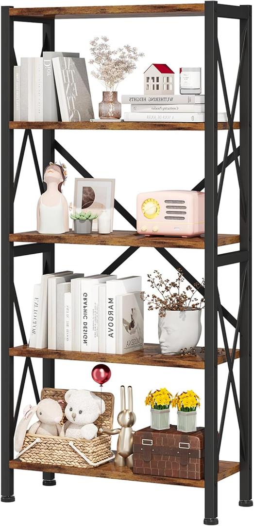 Homeiju 5-Tier Bookshelf,Wood Bookcase,Book Shelf with Steel Frame, Storage Rack with Open Shelves, Rustic Standing Bookshelves Ladder Shelf 110lbs/shelf for Bedroom,Living Room and Home Office (Vintage)