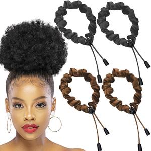 4 pcs Afro Puff Hair Tie Satin Hair Scrunchies, Black and Brown Adjustable Hair Ties, Adjustable Hair Ties for Thick Hair, Long Style No Slip Headband Afro Puff Hair Tie, Easy Use Hair Accessories (4 Count (Pack of 1))