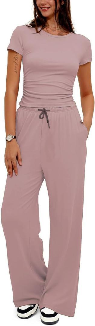 LICOBOD Ruched Short sleeve Tops 2 Piece Outfits Lounge Sets For Women high-elastic Sweatshirt High Waisted Wide Leg Sweatpant, Large, Sakura Pink