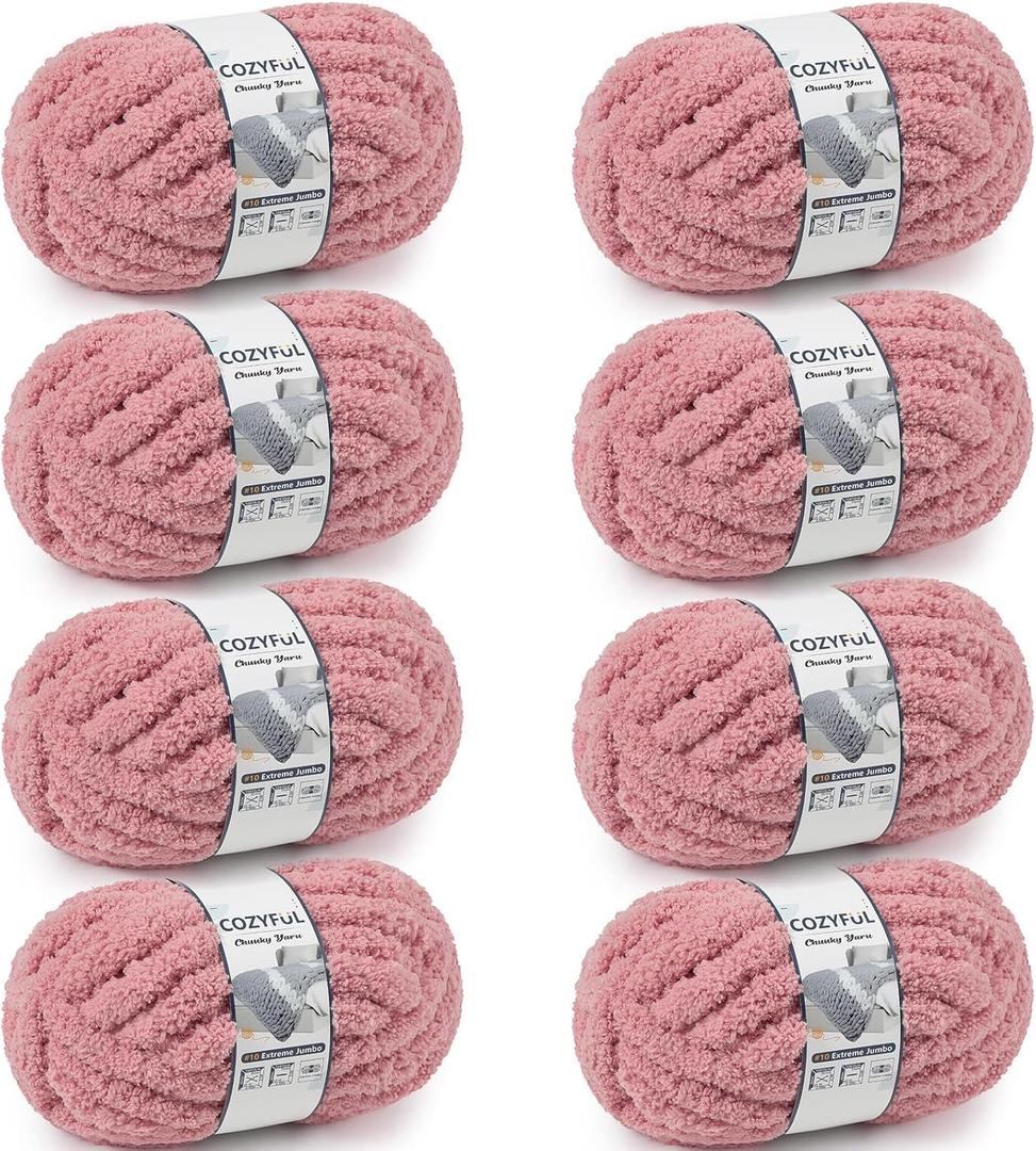 Chunky Yarn for Hand Knitting - #10 Chunky Chenille Yarn, Jumbo Big Thick Chunky Yarns for Crocheting, Super Bulky Chunky Knit Blanket Yarns, 8 Skein (25 yds 8 oz Each Skein), Dusty Pink