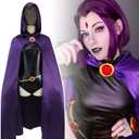 Women Raven Cosplay Costume Deluxe Jumpsuit Purple Hooded Cloak with Red Stones Chain for Cosplay Suit for Adult Raven Costume, Large