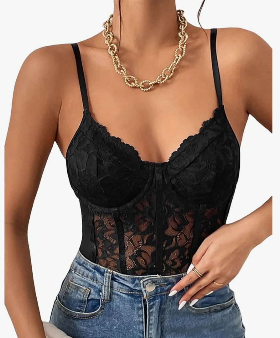 Milumia Women's Sexy Floral Lace Sheer Mesh Corset Bodysuit Spaghetti Strap Cami Tops Going Out Size XL