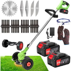 Electric Weed Trimmer 21V Cordless Weed Wacker 4.0AH Battery Operated with 2 Batteries and 3 Types Blades & Auxiliary Wheel Lightweight Brush Cutter for Yard and Garden Grass Trimmer