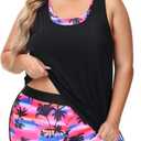 NIeyook Women Plus Size 3 Piece Tankini Swimsuits Athletic Bathing Suits with Boy Shorts Tank Top with Sports Bra (16  Plus, Pink Coconut Tree)