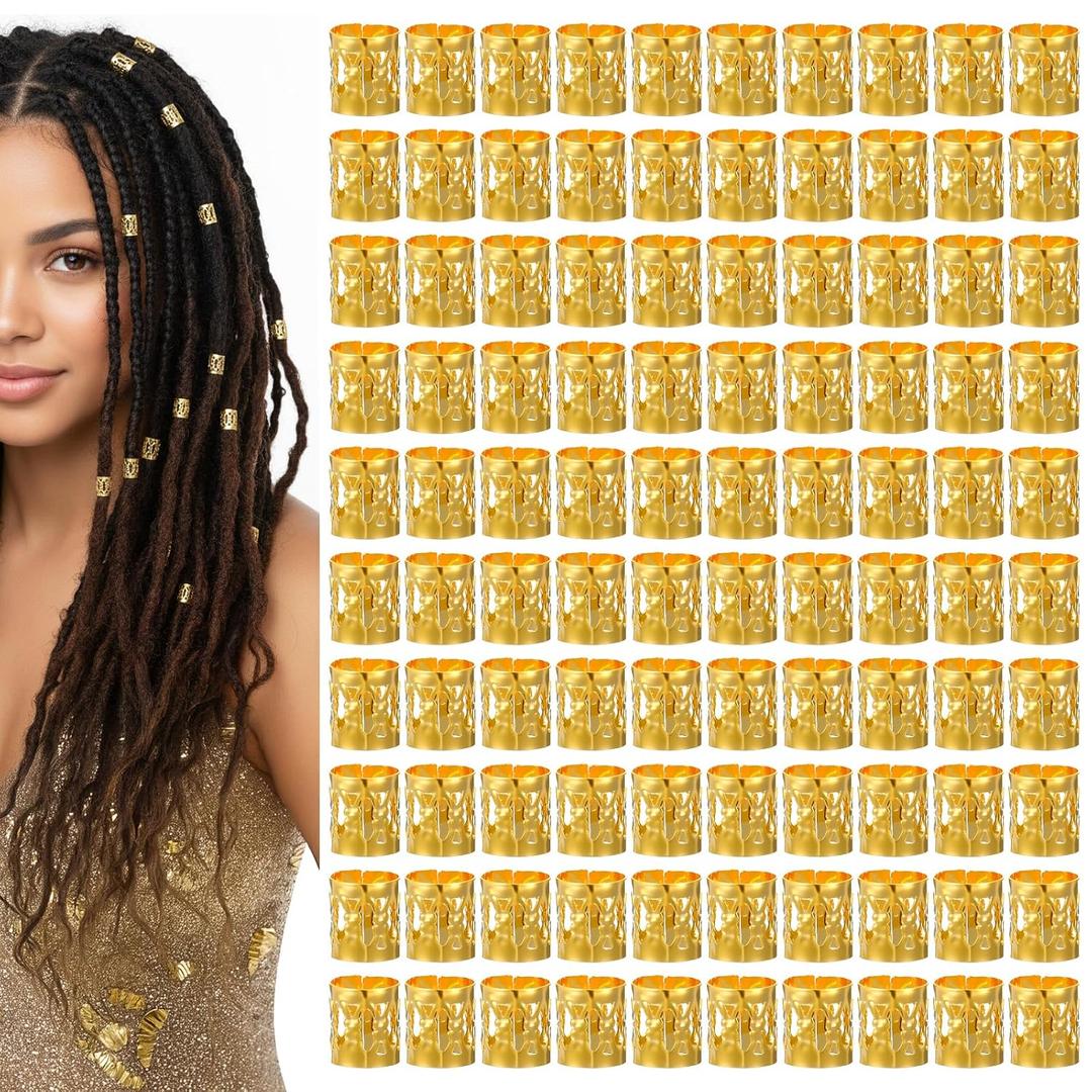 100 PCS Gold Dreadlock Locs Accessories for Hair, Braiding Beads Metal Cuffs Soft Metal Adjustable Braiding Cuffs for Women and Girls, Gold