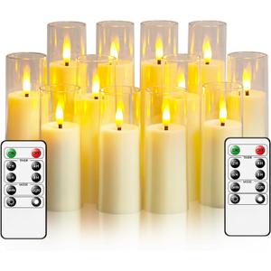 Flickering Flameless Candles, Battery Operated Acrylic LED Pillar Candles with Remote Control and Timer,Pack of 12,(D1.57 xH 4" 5" 6") for Holiday Decorations Home Decorations (Ivory)