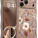 GVIEWIN for iPhone 17 Pro Case Compatible with MagSafe [Curly Wave Edge][Full Camera Protection] Floral Translucent Shockproof Magnetic Women Phone Case for iPhone 17 Pro 6.3'', Corn Poppy/Brown