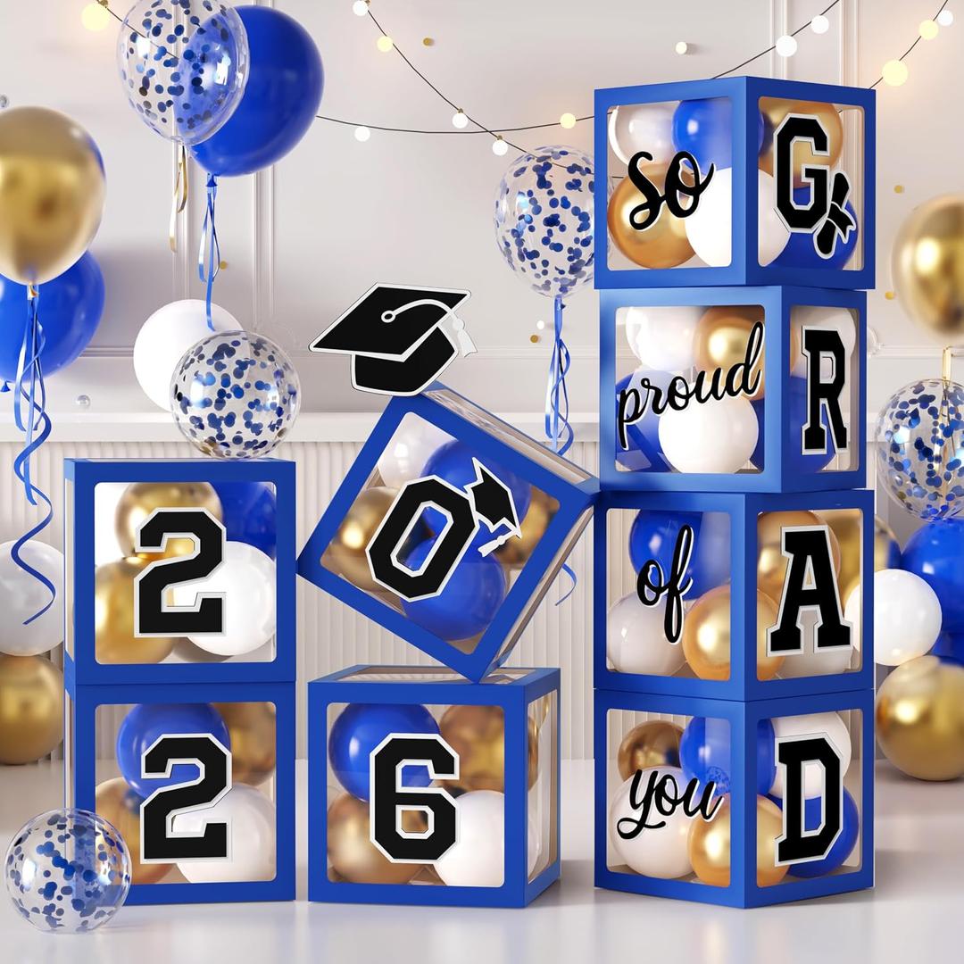 2026 Graduation Party Decoration, Blue Balloon Boxes with Letters 2026 Grad & So Proud of You, 20pcs Latex Balloons, Class of 2026 School Grad Party (Blue)