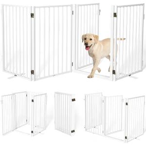 Metal Freestanding Dog Gates with Door for Outdoor Indoor, 80'' Extra Wide 24'' Tall Free Standing Dog Gate for Doorways, Large Openings, Deck, Yard, Porch, Foldable Safety Pet Fence, (White,4 Panels)