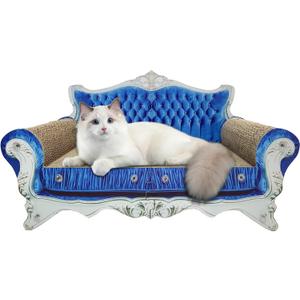 Luxury Cardboard Cat Scratcher Sofa Bed, Couch Shaped Cat Scratching Board, Cat Scratch Lounge with Catnip, Cat Scratcher for Indoor Cats (Blue Crown)
