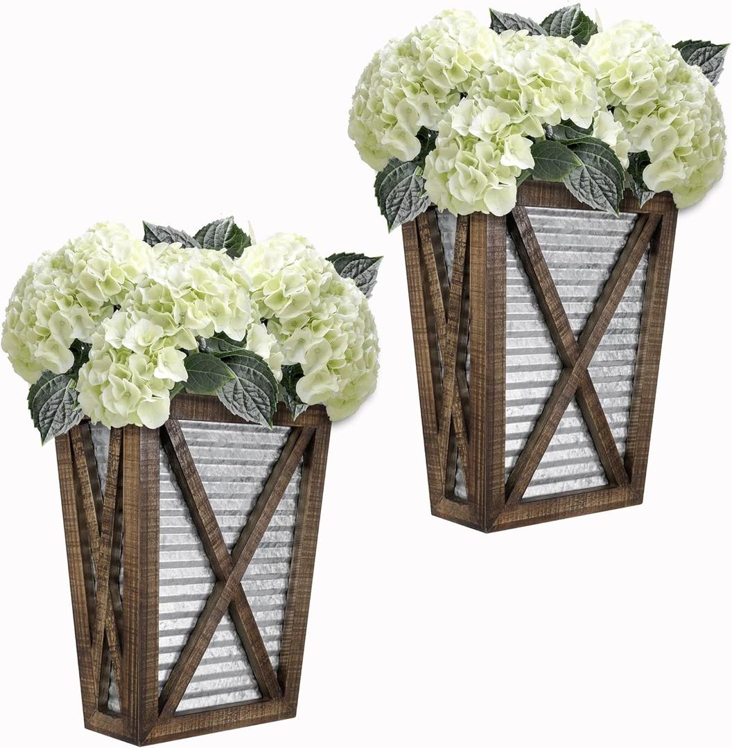 Autumn Alley Large Rustic Farmhouse Wall Planter Set of 2, Farmhouse Decor Wall Hangings for Hanging Planter Indoor, Galvanized Wall Planter, Corrugated Metal, Wooden, Brown - Flowers Not Included