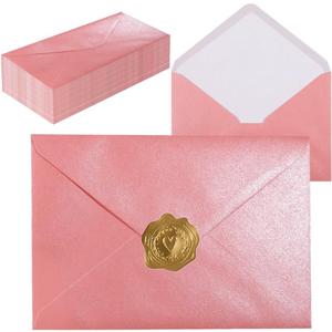 A7 Self-Sealing Pink Envelopes 50 Pcs - 5x7 Inches (5.317.67in) Premium 120g Pearl Glitter Paper - Printable & Writable for Wedding Invitations, Greeting Cards - Includes Gold Stickers