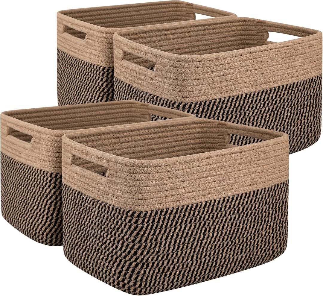 OIAHOMY 4 Pack Storage Baskets for Organizing, Basket for Shelves with Handle, Woven Baskets for Storage Toys, Towels, Books, Cotton Rope Basket 13" L x 9 " W x 7.8 " H, Brown & Black