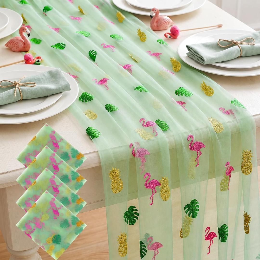 4 Pcs Flamingo Table Runner 29x70 Inch Summer Tropical Green