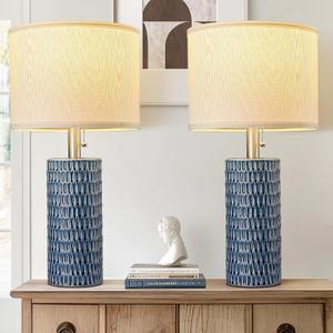 Reaketon Table Lamps for Living Room Set of 2, Ceramic Table Lamps for Bedroom, 20" Modern Lamps for Night Stands, Dark Blue