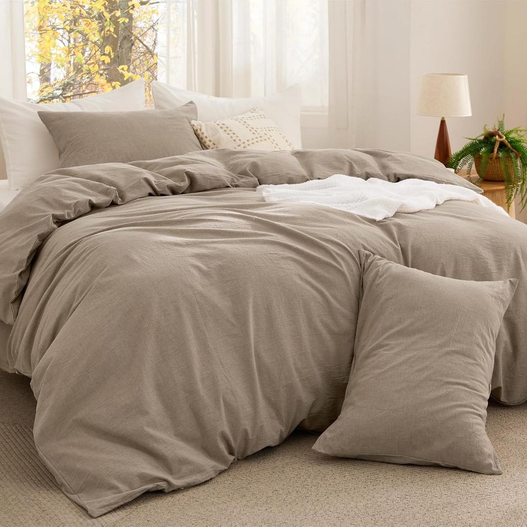 Bedsure Comforter Set Queen Size - Cotton Fabric with Microfiber Inner Fill, Taupe PureWoven Soft Bed Set for All Seasons, 3 Pieces, 1 Comforter (90" x 90") and 2 Pillow Cases (20" x 26")