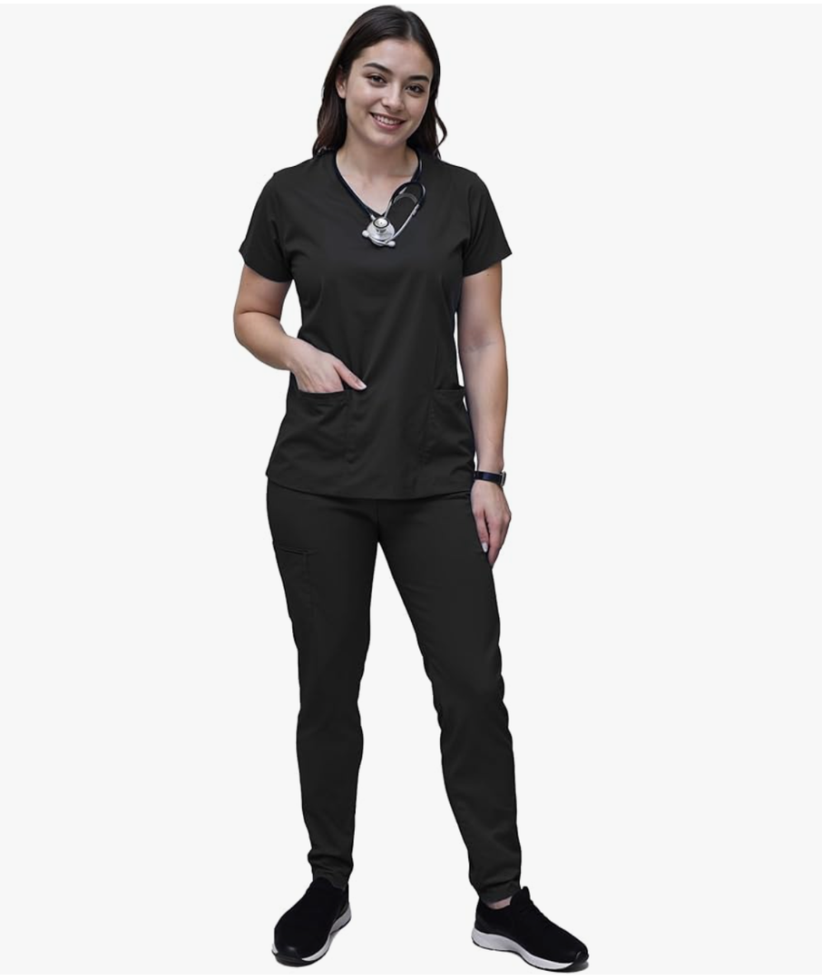 YOGAFLEX Jogger Scrubs for Women Set. Regular and PETITE. Side Spandex 2 Pockets Top with Yoga Waist Joggers S