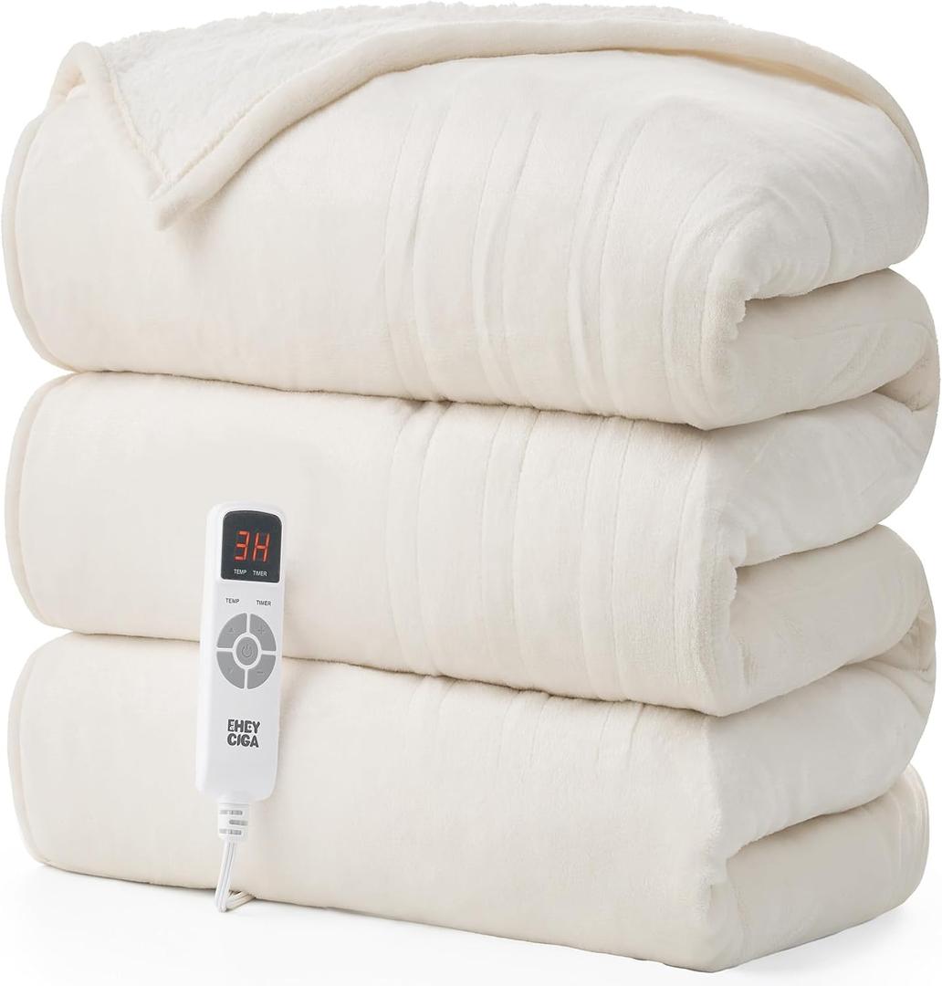 EHEYCIGA Heated Blanket Electric Blanket Twin - Heating Blanket with 9 Heating Levels & 10 Hours Auto Off, Soft Cozy Sherpa Washable Blanket with Fast Heating, 62 x 84 Inches (Beige)