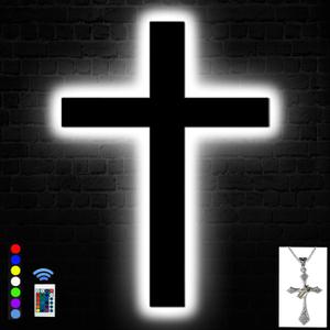 Cross Wall Decor Light Up Cross Neon Sign with Cross Necklace Jesus Christian Catholic Gifts Crucifix Led Sign Decor 16 Colors Changing Remote Night Lights Large Size