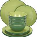 TP 12-Piece Melamine Dinnerware Sets, Plates and Bowls Dishes Set for 4, Break-Resistant & Non-Microwavable, Lightweight Dinner Plates, Avocado Green