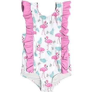 RAISEVERN Baby Girls Flamingo Swimsuit 3T Ruffles Heart Bathing Suits 4T Cute Hawaiian Palm Tree Beach Sport Summer One Piece Swimwear Backless Quick-Dry Swimming Bodysuit for Size 3t 4t Little Girl