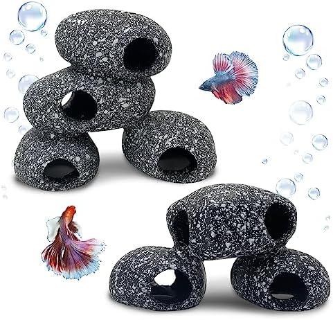 Hamiledyi Cichlid Caves for Aquarium, 2Pcs Betta Rock Hideout Resin Small Fish Shelter Stone Hideaway Fish Hide Decor Accessories Ornaments for Crayfish Aquatic Play Rest