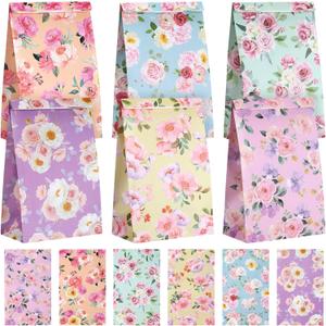 Panelee 24 Pcs Floral Gift Bags Pastel Small Tea Party Favors Flowers Paper Lunch Bag Bulk 8.7x4.7x3 in Goodie Candy Treat Pouches for Wedding Bridal Shower Birthday Mother's Day Decoration