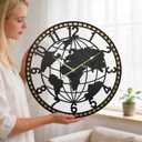 Large World Map Wall Clock 24 Inch,Non-Ticking Metal Decorative Wall Clock, Silent Battery Operated Wall Clock for Living Room, Office,Kitchen & Dining Room Wall Decor