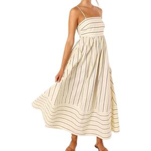 NUFIWI Women Summer Striped Maxi Dress Spaghetti Strap Cutout Ruffle Long Dress Flowy Swing Beach Vocation Dress Size L