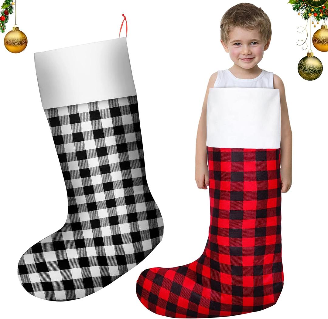 Iceyyyy 2 Pcs Jumbo Plaid Christmas Stocking - 39 Inch Oversized Buffalo Plaid Christmas Stocking Giant Christmas Stocking for Kid Family Christmas Party Decorations (Black+red)