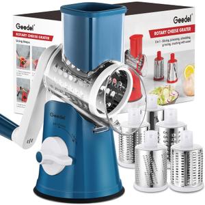 Geedel Rotary Cheese Grater Cheese Shredder - Upgraded 5-in-1 Cheese Grater with Handle and Strong Suction Base, Multi-purpose Vegetable Slicer Ice Shaver Nuts Grinder for Ice, Vegetables, Fruit, Nuts (Blue White)
