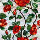 Retro Flower Window Privacy Film,Stained Glass Decals Chinese Red Rose Privacy Rainbow Decals Living Room Sun Blocking Decor Removable Static Cling Stickers,16.93x39.37inch