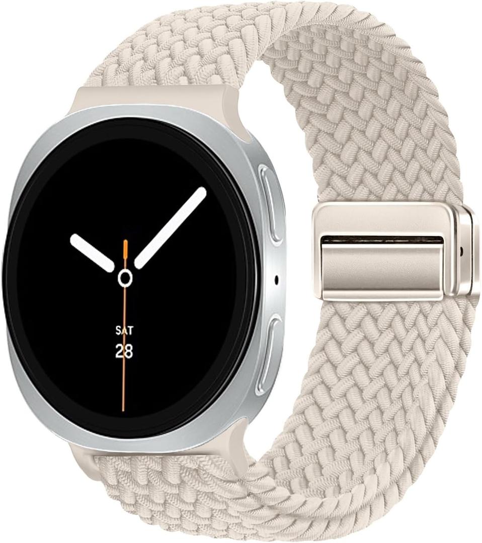 Braided Magnetic Bands for Samsung Galaxy Watch 8 Band 40mm 44mm/8 Classic 46 mm Women/Men,Elastic Nylon Fabric One Click No Gap Sport Strap for Samsung Galaxy Watch 8 Classic Band 46mm/8 44 mm 40 mm (02-Starlight)