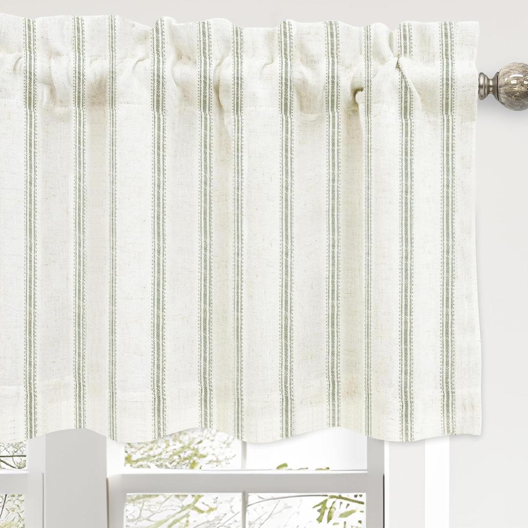 DriftAway Farmhouse Linen Lined Valance Double Layer Thermal Insulated Room Darkening Blackout Window Valances 3 Inch Rod Pocket Vertical Striped Kitchen Valance Single 52 Inch by 18 Inch Loden Green