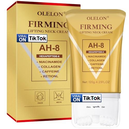 OLELON [2026 Upgrade] AH8 Firming Neck Cream with Roller - Tightening & Lifting Cream for Sagging Skin, 8-HA Clockwise Neck Cream for Face & Body Skin Tightening Cream with Massage Roller