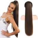SEIKEA 28" Ponytail Extensions Drawstring Long Straight Fake Pony Tail Natural Soft Clip in Hair Extension Synthetic Heat Resistant Hairpiece - Dark Brown with Copper Highlights