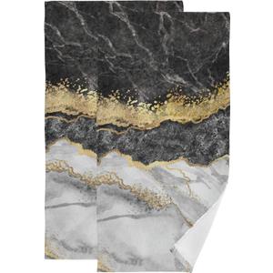 Bath Towels Set of 2 Hand Towels for Bathroom Cotton Gold Black Marble Decorative 28x14in Absorbent Soft (Color6)