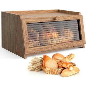 Bread Box for Kitchen Countertop Large Bread Box Farmhouse Bread Container Bread Storage with Window Bread Holder (Natural Wood)