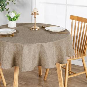 JIUZHEN Round Table Cloth Faux Linen Farmhouse Tablecloth Wrinkle & Stain Resistant Table Cover for Kitchen Dining, Holiday Party Dinner, Khaki, 60 Inch Round