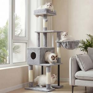 Heybly Cat Tree, 49.2 Inches Cat Tower for Indoor Cats, Spacious Cat House Condo with Hidden SpaceSturdy Steel TubeSoft Plush Top PerchCozy Hammock and Sisal Scratching Posts, Light Gray HCT200SW