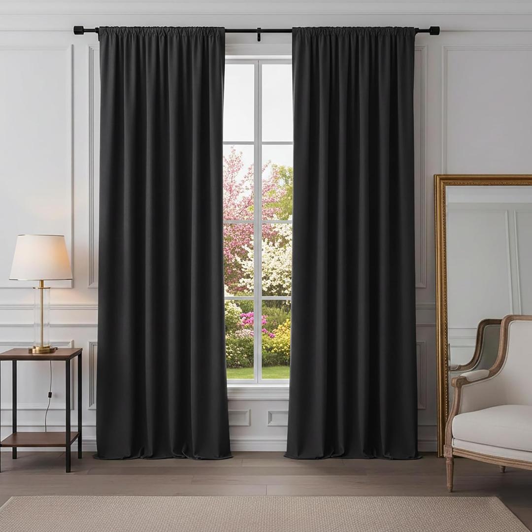 PONY DANCE Blackout Curtains for Bedroom 90 inches Long 2 Panels Set, Thermal Insulated Rod Pocket Black Out Window Drapes, Noise Reducing Window Treatment for Living Room(W52 x L90 inch, Black)