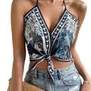Floerns Women's V Neck Floral Print Knot Tie Front Backless Halter Summer Crop Tops (Black) XS