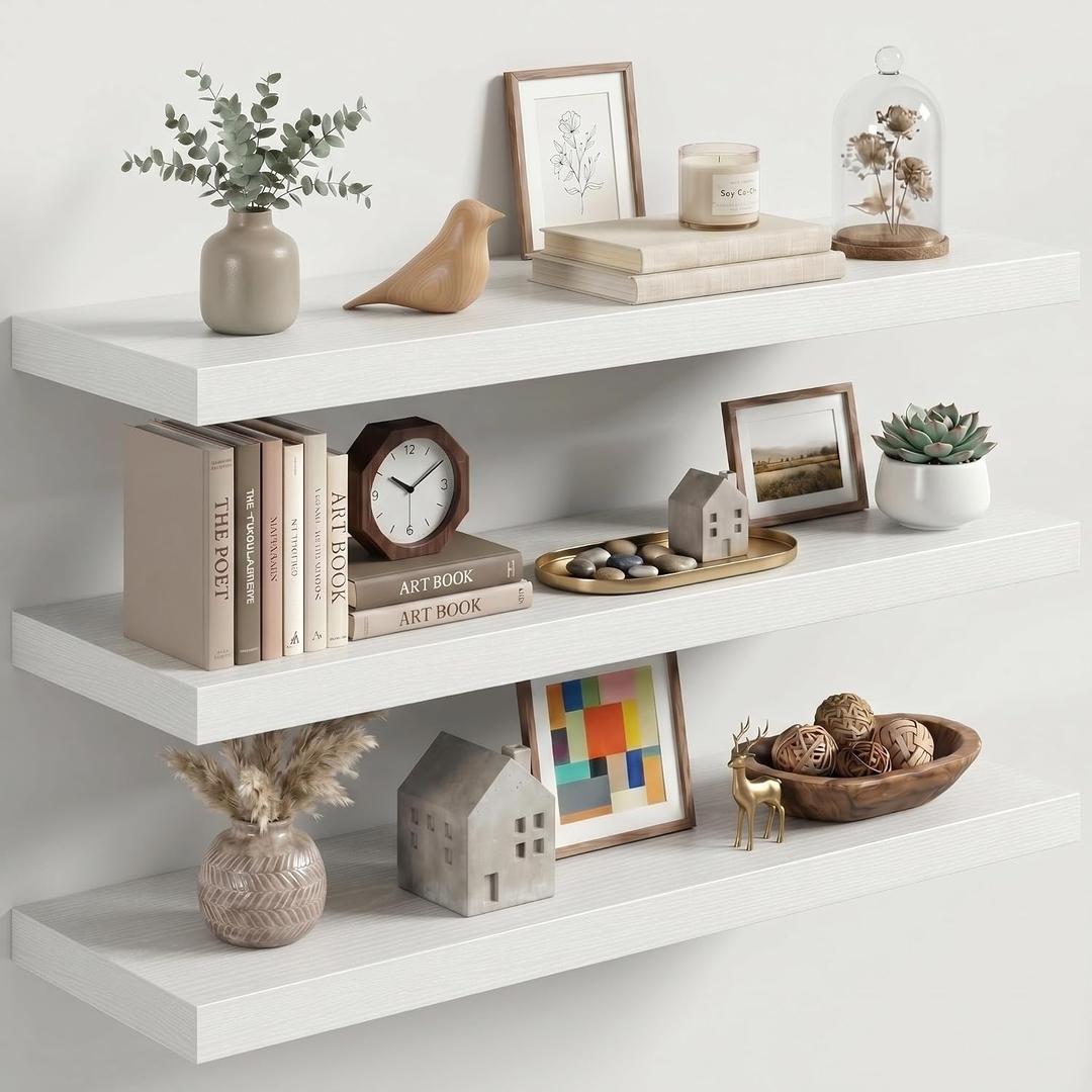 Fun Memories 32 Inch Floating Shelves for Wall, White Wood Wall Mounted Shelf with Invisible Bracket, 10 Inch Deep Large Shelves for Living Room Bathroom Bedroom, Set of 3, 10"D x 32"L-3P