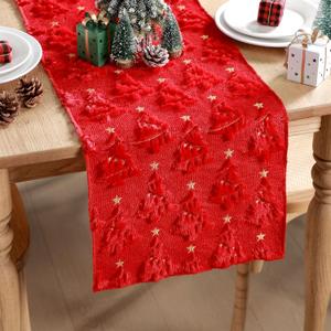 Christmas Trees Table Runner Red 13 x 72 Inch Christmas Stars Soft Plush Faux Fur Jacquard Embroidery Table Runner Xmas Holiday Decoration for Home Kitchen Dining Party Decor