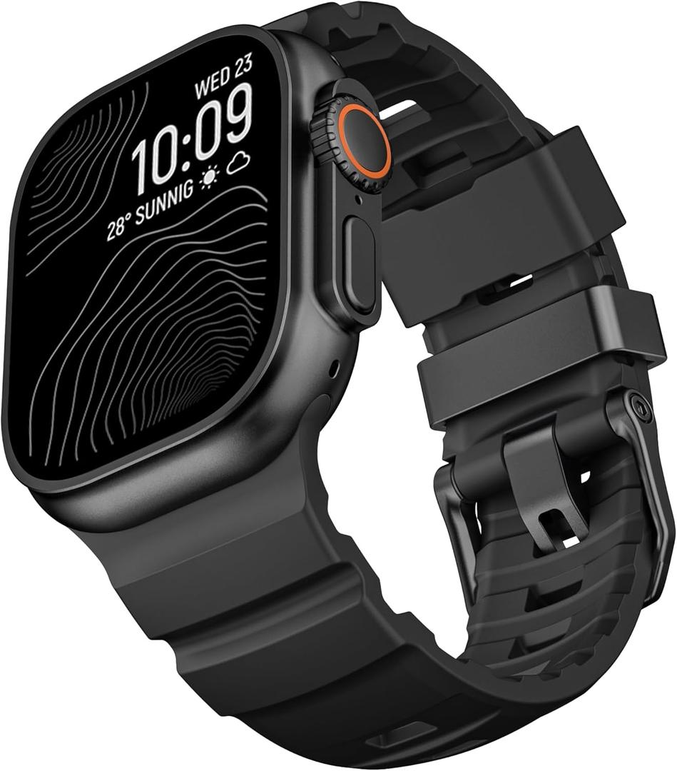 Rugged Silicone Bands Compatible with Apple Watch Ultra 3/2/1 Band 49mm 46mm 45mm, Durable Adventurous Sport Rubber Strap with Metal Clasp for iWatch Series 11 10 9 8 7 SE(Black, 42mm/44mm/45mm/46mm/49mm)
